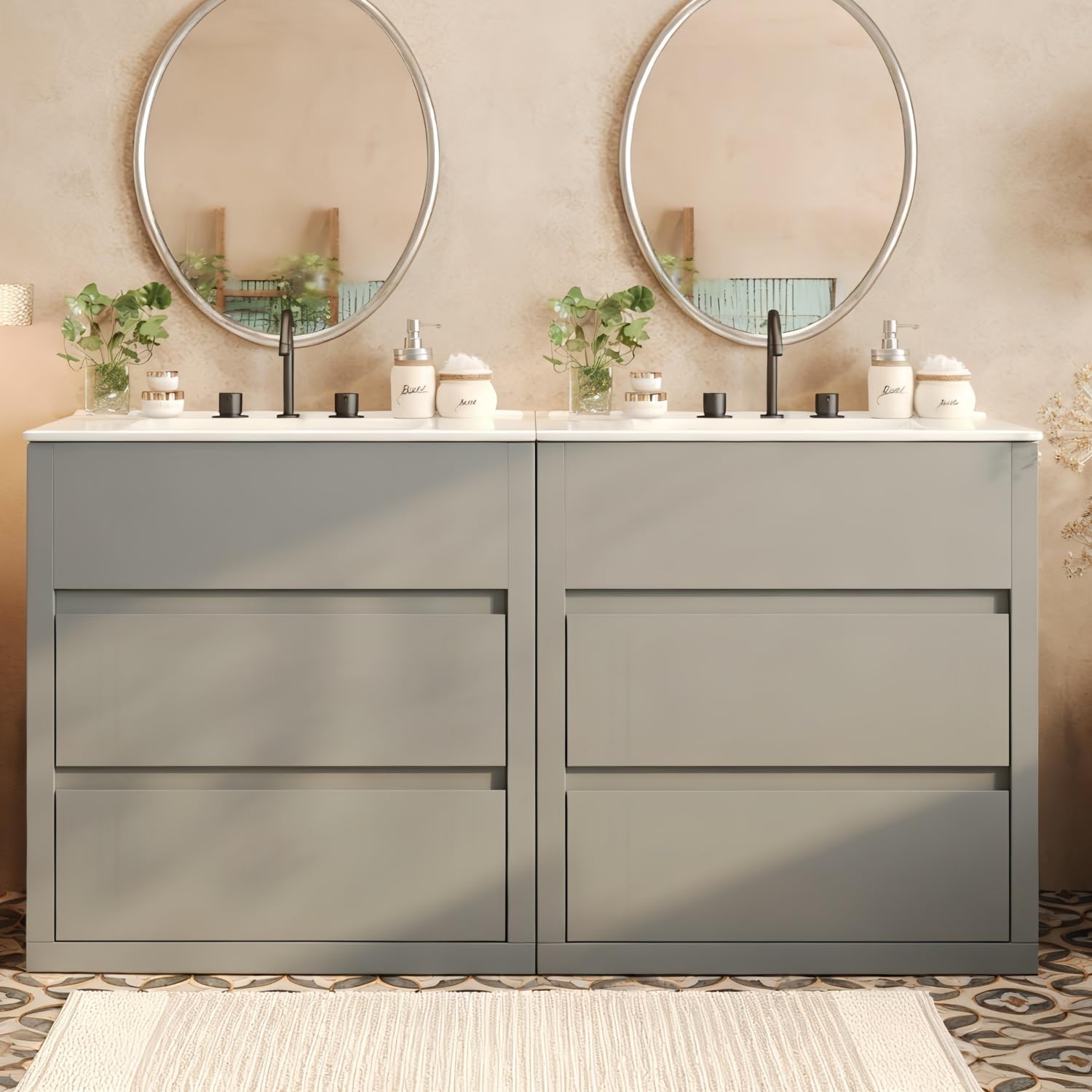 60" Double Sinks Bathroom Vanity Set Gray MDF Flexible Layout Modern Easy Maintenance