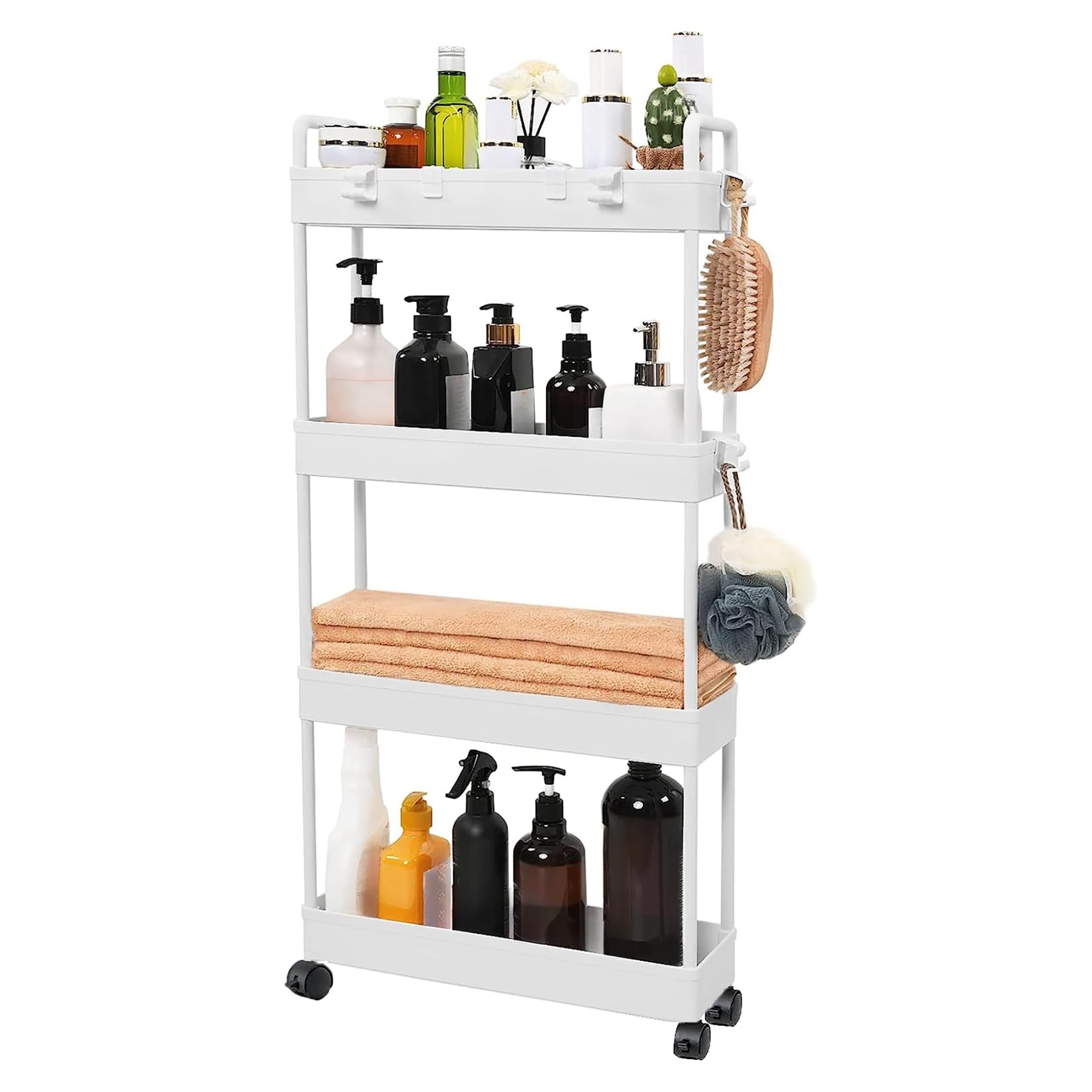 Carro de Almacenamiento Delgado y Rodante con 4 Niveles, Carro Multifuncional para Almacenamiento de Cocina, Armario de Almacenamiento Estrecho Móvil para Baño, Cocina, Lavandería y Salón