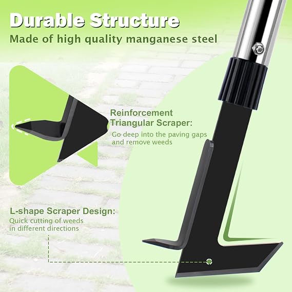 Crack Weeder with Long Handle, 60 Manual Crevice Weeding Tool | Heavy Duty Steel Weed Crack Remover Tool, L-Shaped Weeder Puller for Sidewalk, Driveway, Paver, Patio, Yard, Garden