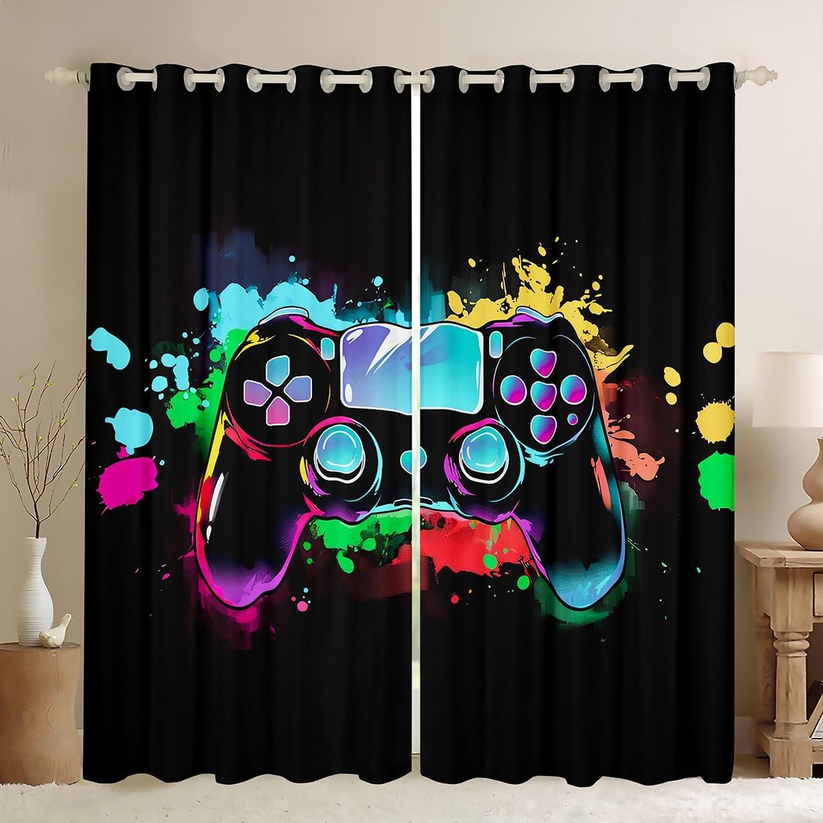 Loussiesd Cortinas opacas para dormitorio, sala de estar, 66 pulgadas de ancho x 90 pulgadas de largo, 30% a 50% de oscurecimiento de la habitación, moderno controlador de consola de juegos, cortinas