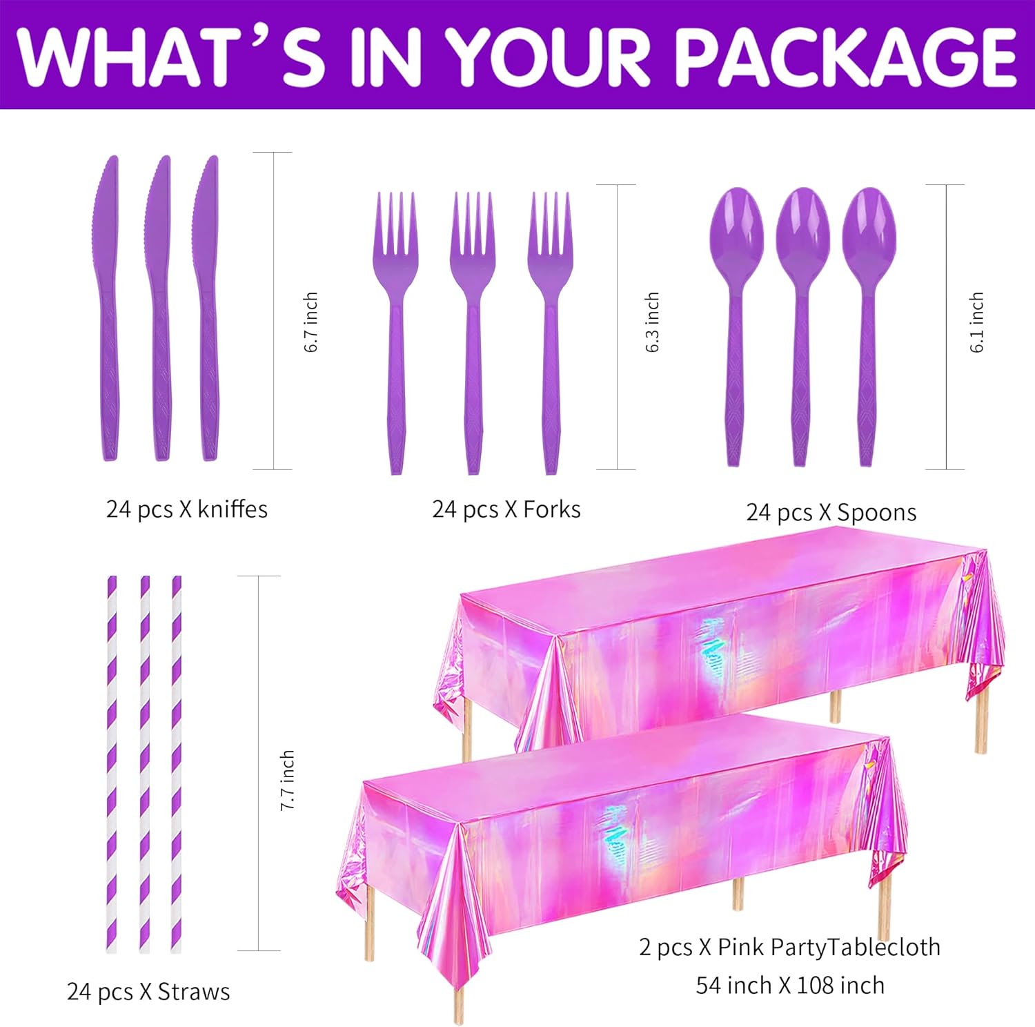 Pink Iridescent Party Decorations, Shiny Hot Pink Holographic Paper Plate, Napkin, Cup, Tablecloth, Cutlery, Metallic Mermaid Theme Birthday Baby Shower Wedding Party Supplies, Serves 24 - Image 3