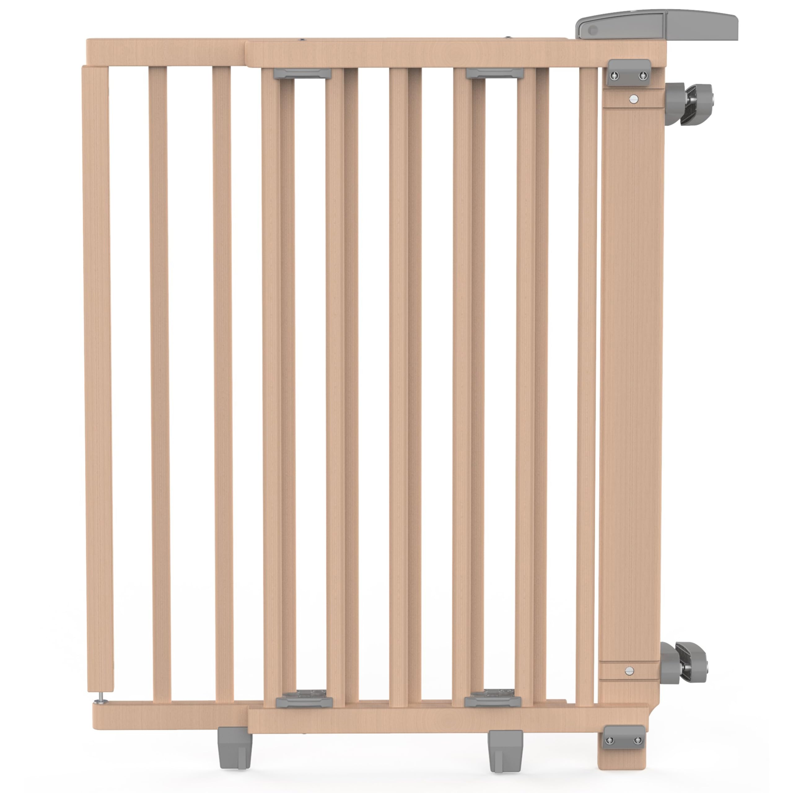 Geuther Treppenschutzgitter Oris | Türschutzgitter zum Anschrauben inkl. 2X Klemmen für Treppengeländer, Breite 67-95 cm | Stabiles Türgitter mit Schwenktür | Kindergitter Holz, Natur lackiert