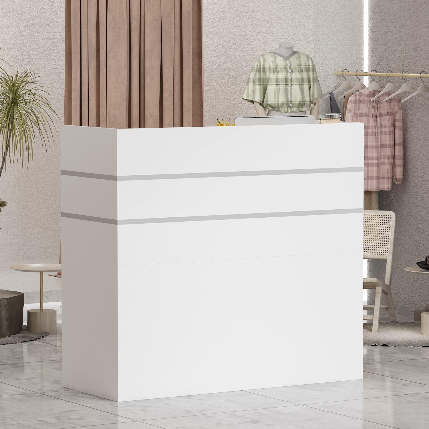Caldion Mostrador de Recepción para Caja y Venta al por Menor, Mesa de Mostrador con Gran Espacio de Almacenaje, Cintas Plateadas, para Oficina Boutique SPA Blanco
