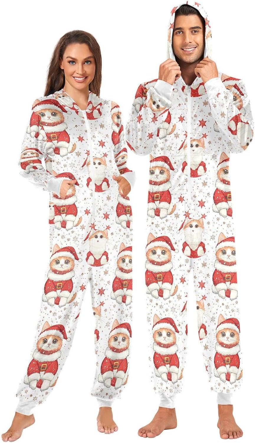 ZZKKO Cute Christmas Cat Star Adult Onesie Pajamas for Women Men Cozy One Piece Pajamas Costume Zip-Up Hooded S-XL