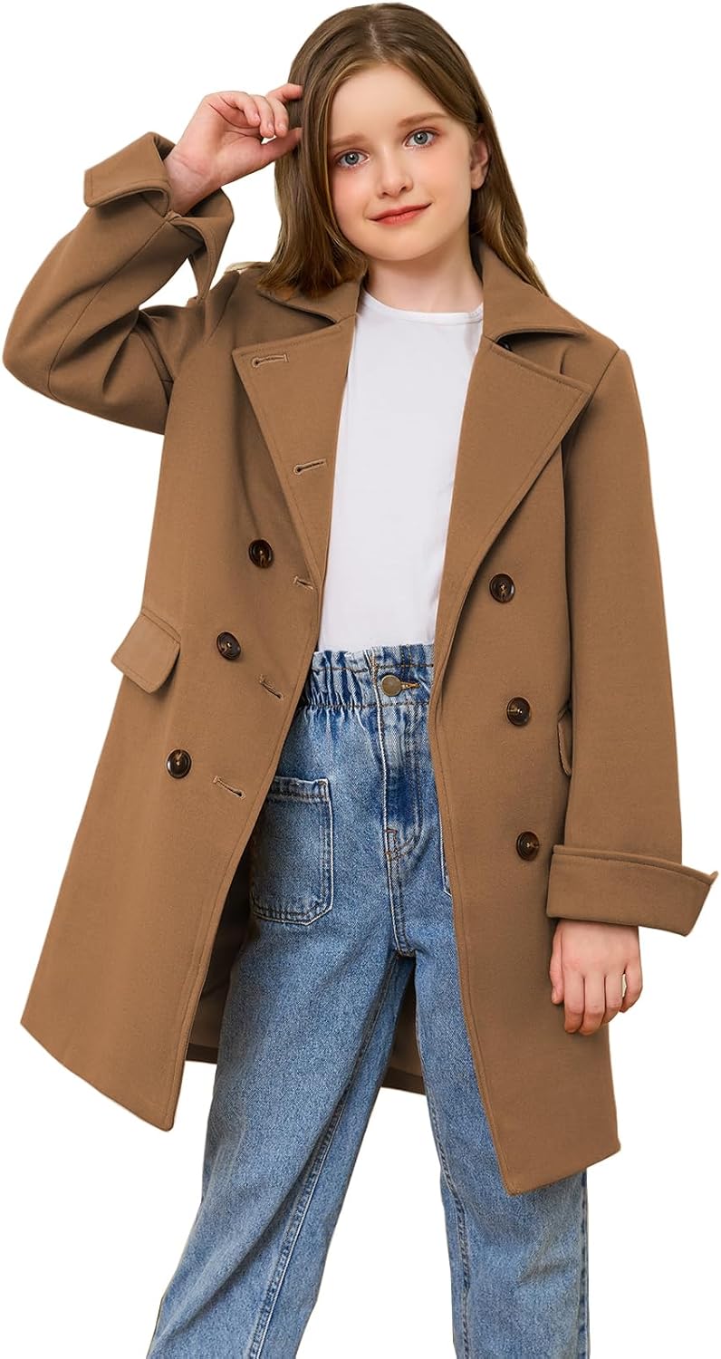 Girls Coat Double Breasted Notched Collar Wool Blend Long Trench Coat Winter Warm Peacoat Dress Coat with Pockets - Image 3