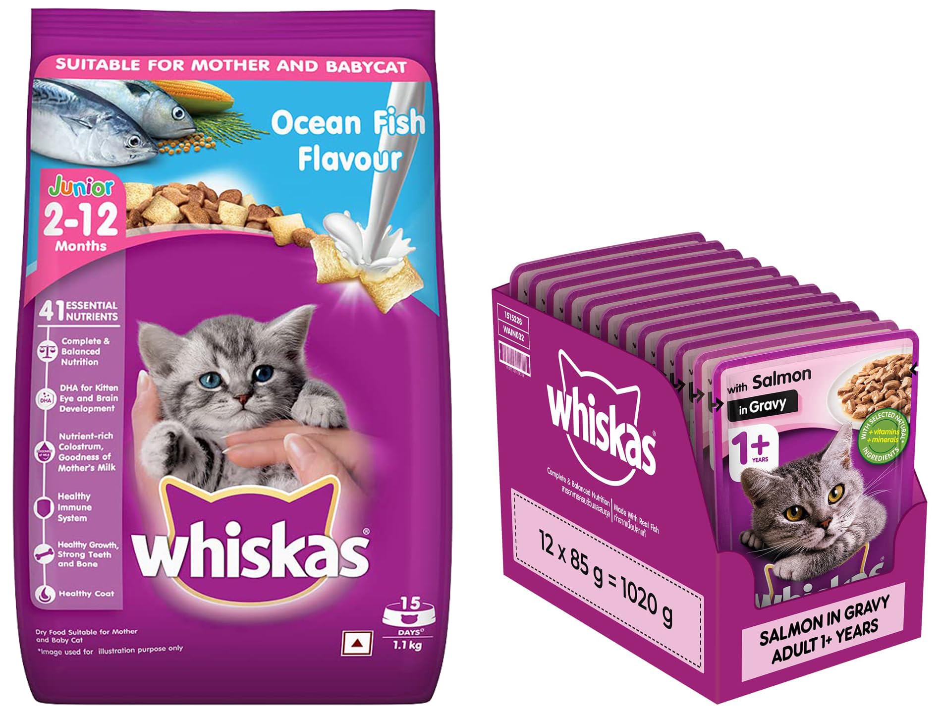 Whiskas Wet Food for Adult Cats (1+Years), Salmon in Gravy Flavour, 12 Pouches (12 x 85g) & Whiskas Kitten (2-12 Months) Dry Cat Food Food, Ocean Fish, 1.1kg Pack (B0CRVT1HCP) Amazon Price History, Amazon Price Tracker