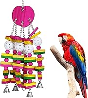Vista 11 de Juguetes de loro para pájaros grandes, juguete de mordida para loros con bloques de madera coloridos y campanas para guacamayos grises africanos
