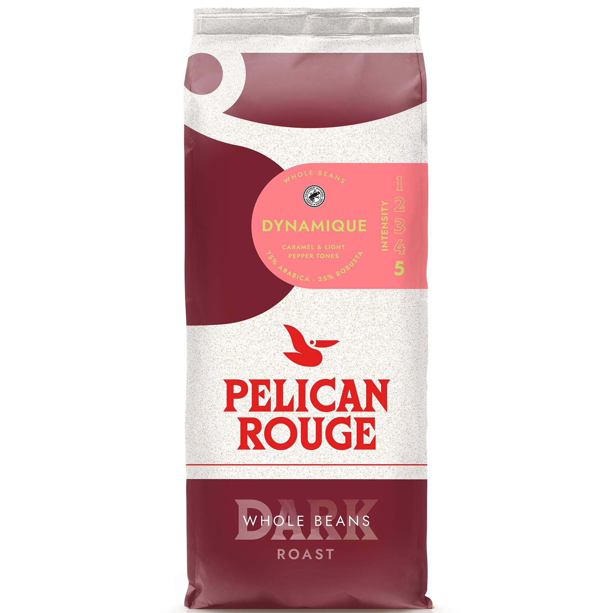 DYNAMIQUE Whole Dark Roasted Coffee Beans | 75 percent Arabica | Rainforest Alliance Certified | New 2023 blend | 1kg bag | Fully-recyclable packaging