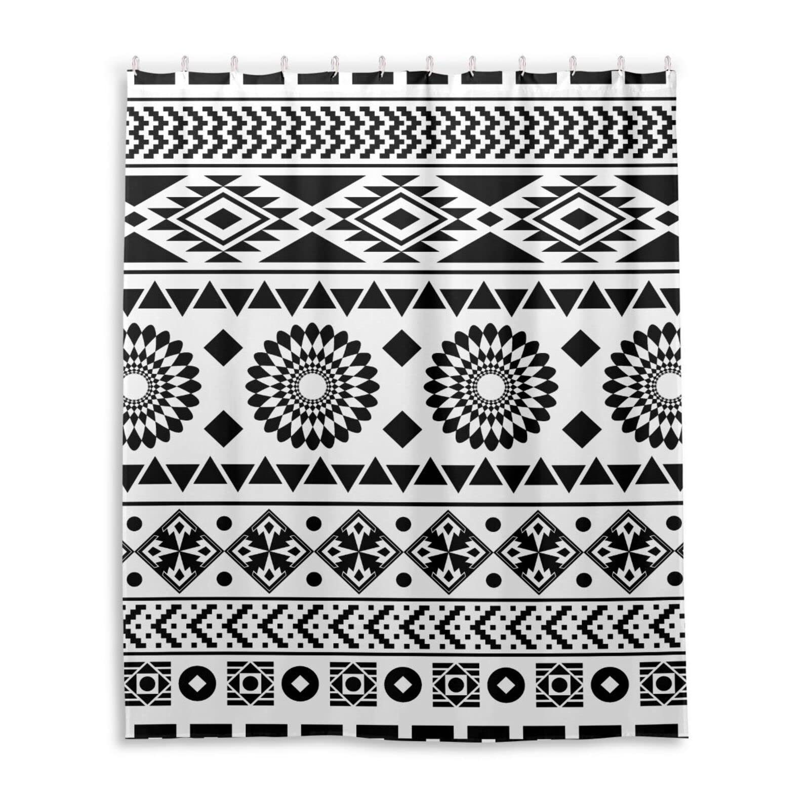 Tenda da doccia Navajo azteco, colore nero, decorazione per il bagno, tenda da doccia in tessuto impermeabile, con ganci, 152 x 183 cm