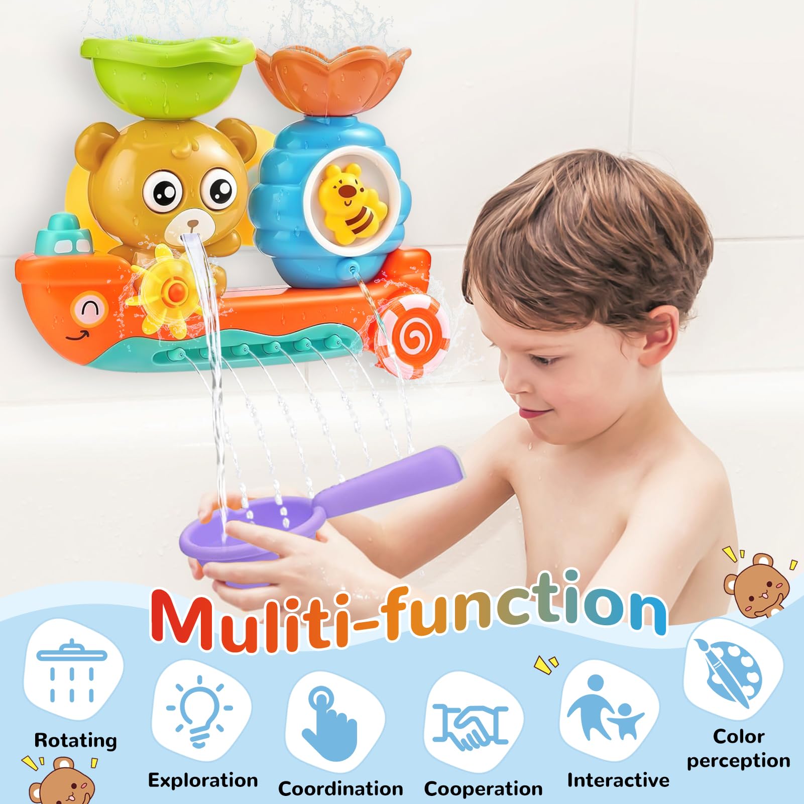 Giochi Bagnetto Neonato 1-4 Anni - Vasca da Bagno Bambini con Orso e Ape, Simpatici Animali con Ventosa e Pala - Regalo per Ragazzi e Ragazze