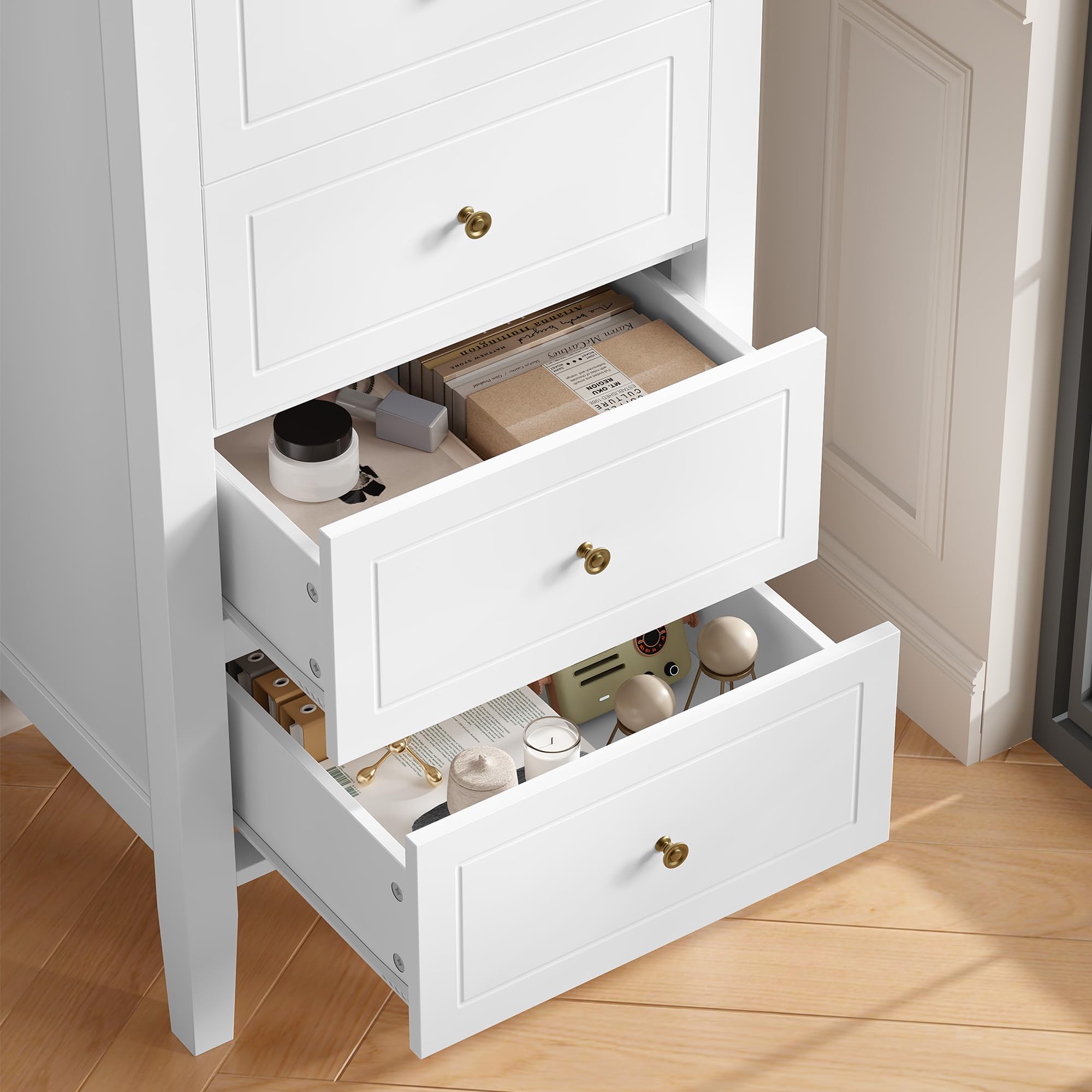FOREHILL Cassettiera Camera da Letto, Comodino Bianca con 4 Cassetti in Legno, Mobiletto Autoportante per Soggiorno, Corridoio, Cucina 50x40x95 cm