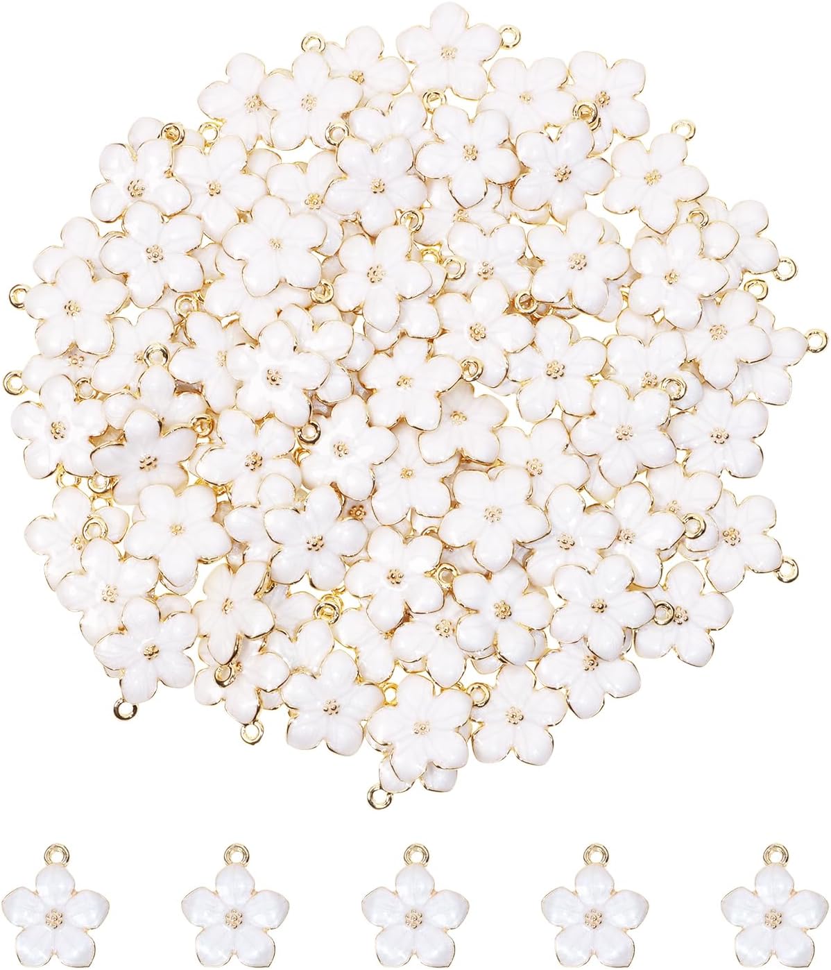 Tupalizy 100PCS Small Flower Enamel Charms Cherry Blossom Decor Gold Plated Pendant for Bracelets Necklaces Earrings Jewelry Making Findings Purse Keychains DIY Crafts Handmade Gifts Accessories