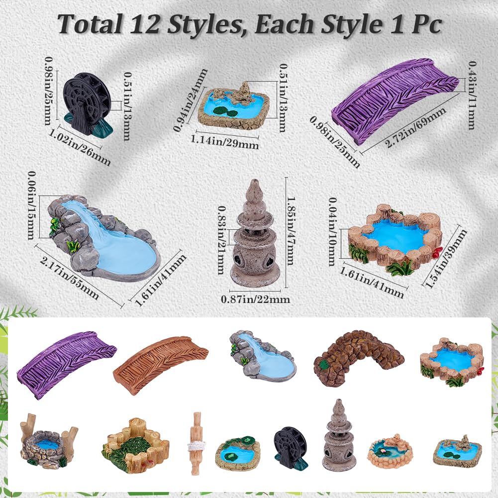 GORGECRAFT 12pz 12 Estilos de Puente de Jardín En Miniatura de Resina Minifaro Rueda Hidráulica Pozo Piscina Adornos de Construcción Puentes de Hadas Pequeñas Estatuas para Manualidades de Bricolaje