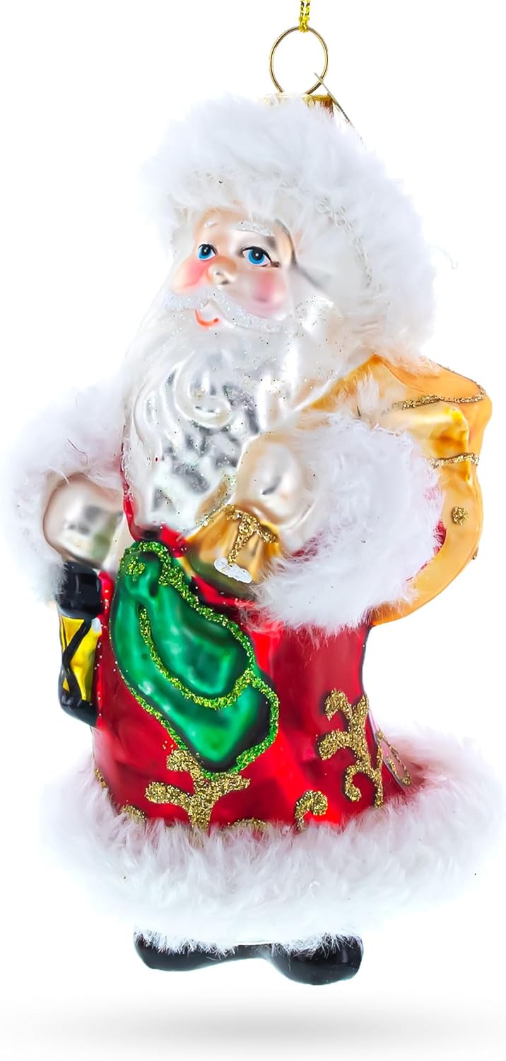 Santa in Fur Coat Blown Glass Christmas Ornament