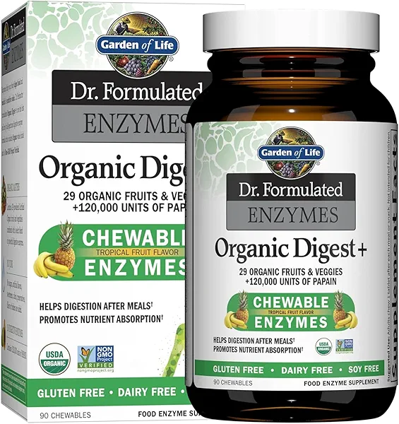 Garden of Life Dr Formulated Digestive Enzymes with Papain, Bromelain, Lipase for Digestion & Nutrient Absorption – Organic Digest+ - Vegan, Gluten-Free, Non-GMO, Tropical Fruit Flavor, 90 C
