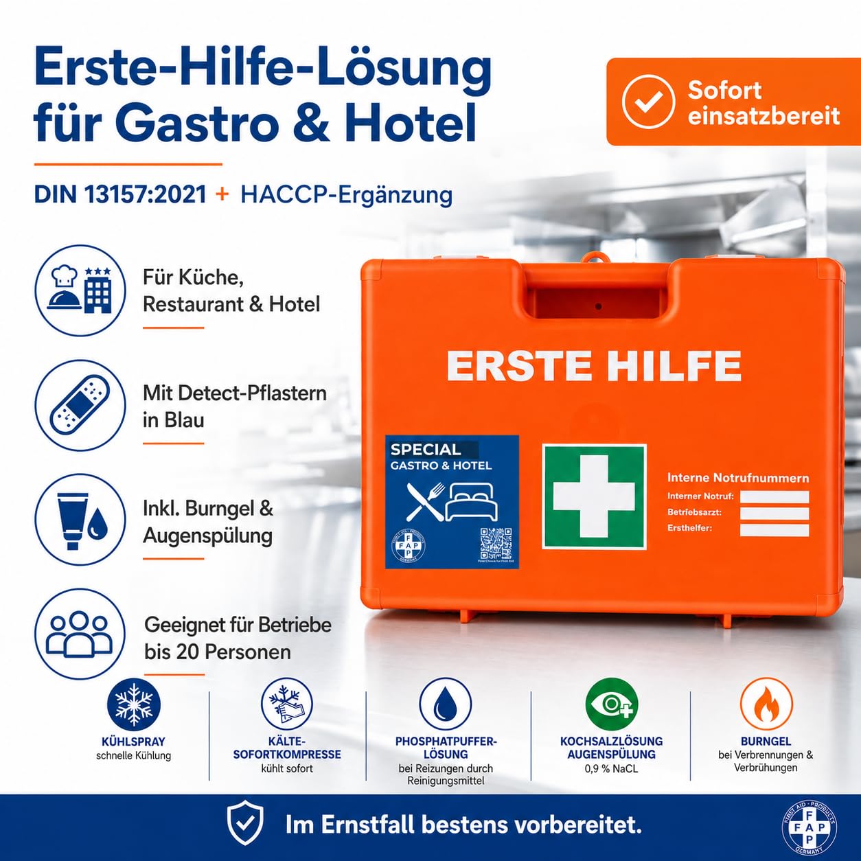 FAP Erste-Hilfe-Koffer Gastronomie Hotel DIN 13157 gefüllt - Orange| Detect-Pflaster HACCP & Burngel | Gastro Küche Restaurant ABS Kunststoff, Betriebsverbandkasten Wandhalterung - 33×42×15 cm