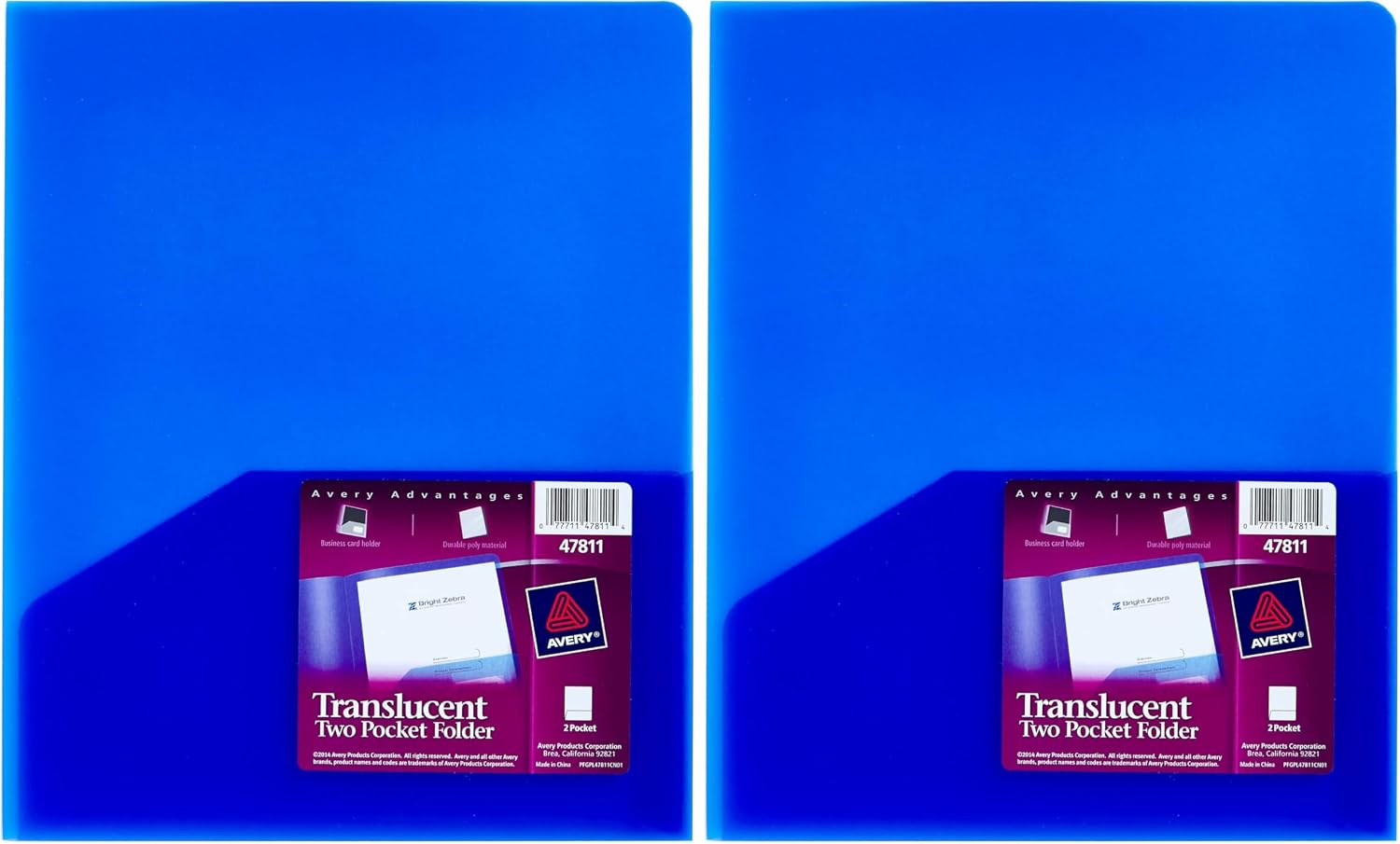 Avery® Translucent Two Pocket Folder, Water Resistant, Holds up to 20 Sheets, 1 Blue Folder (47811)