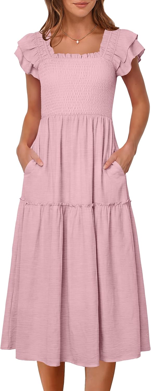 Caracilia Womens Summer Maxi Dress 2026 Casual Ruffle Short Sleeve Square Neck Smocked Flowy Sundress Beach Vacation Clothes