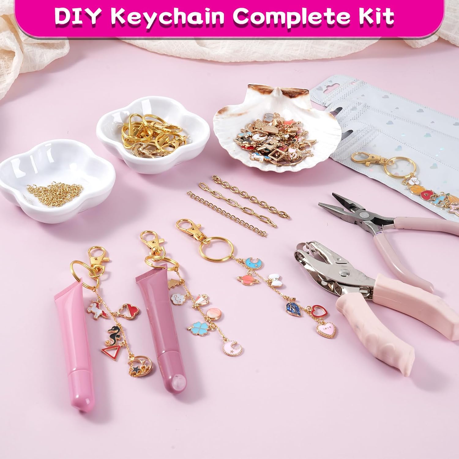 Sileasncei 277Pcs Charms Lip Gloss Keychain Making Kit, DIY Bag Charm Kit with 100 Enamel Charms, Keychain Clips, Chains, Jewelry Pliers, Hole Punch & Gift Bags for Custom Keychains Making Supplies - Image 5
