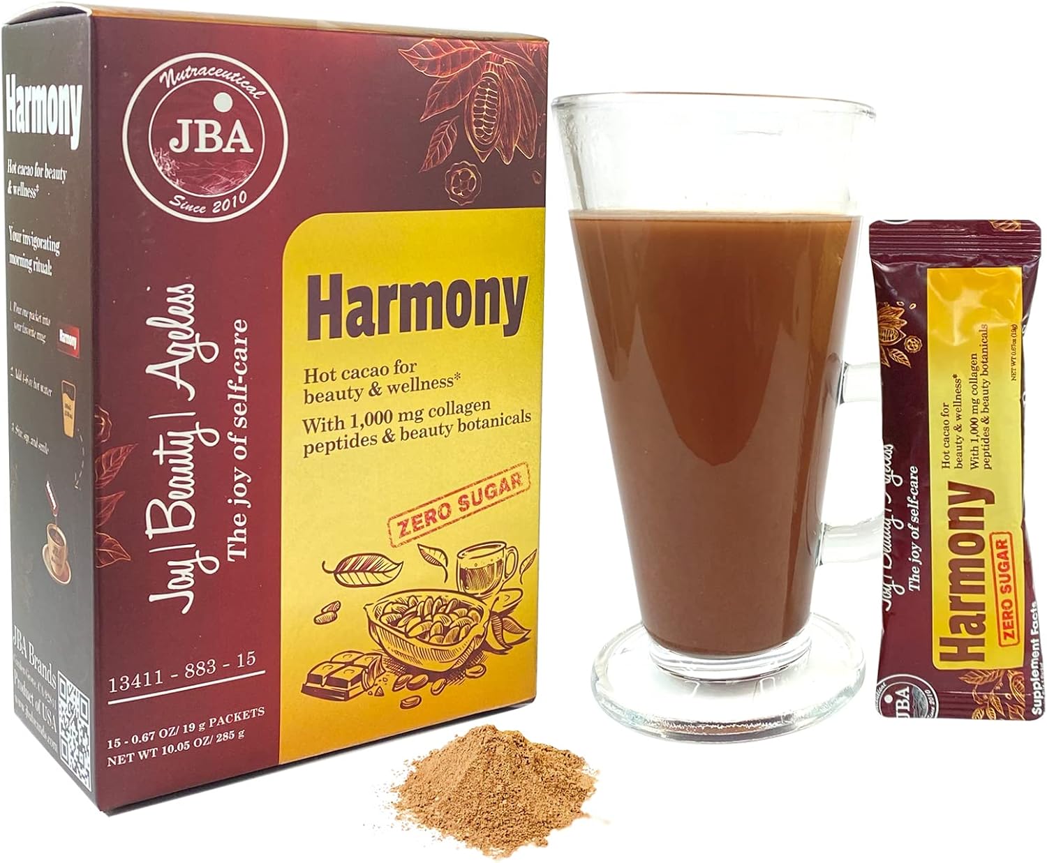 JBA Harmony Zero Sugar Hot Cacao, Women’s Collagen, Raw Cacao & Supplement Blend for Hair, Skin, and Nails, 15 Packets