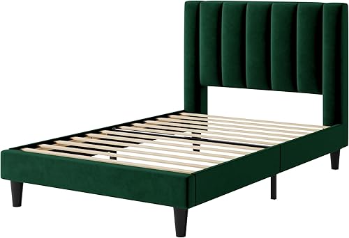 Miniatura 79 de HOOMIC Base de cama de plataforma de tamaño matrimonial con cabecera de canal vertical tapizada de terciopelo de felpa, no necesita somier, fácil