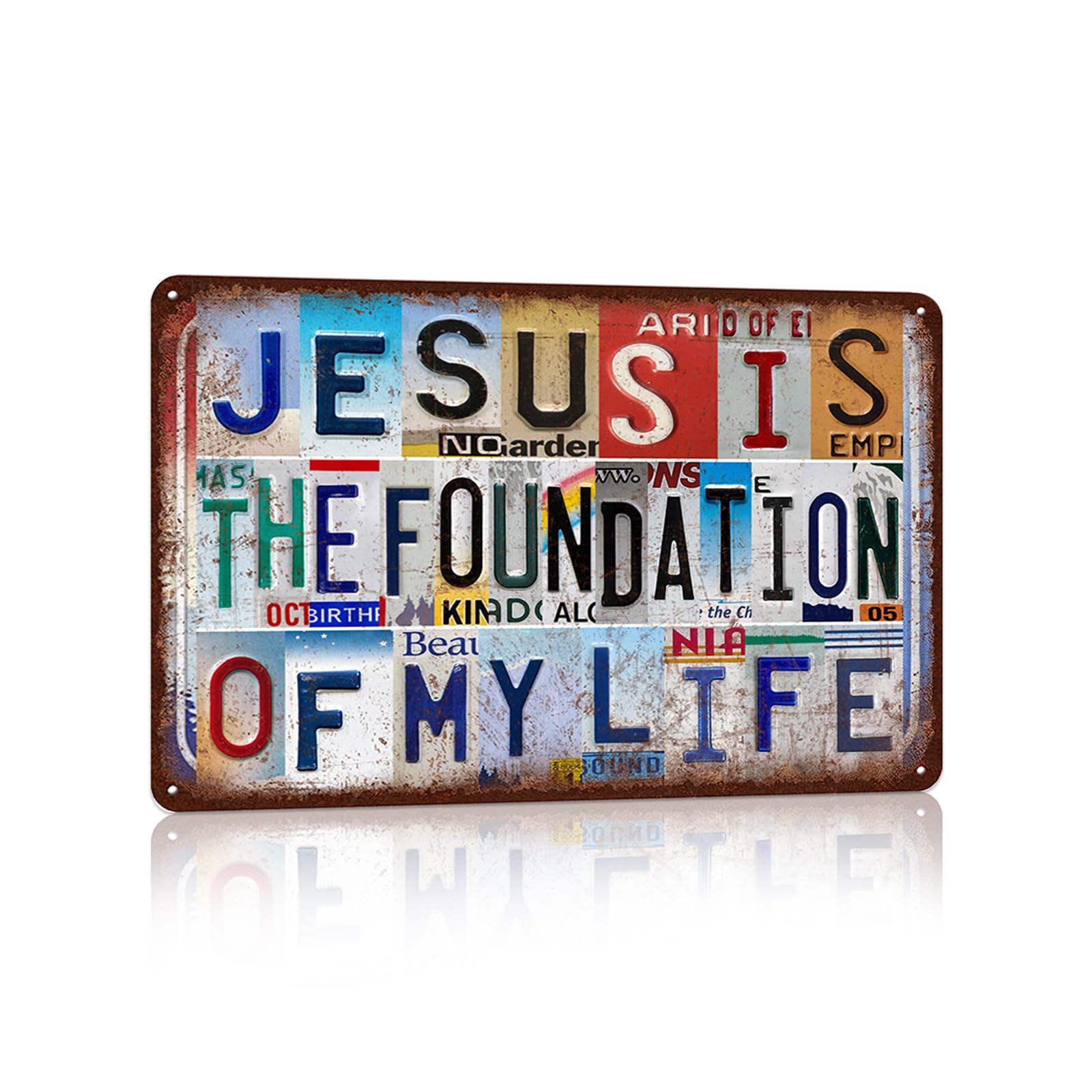 Vintage Sign Religious Metal Wall Art License Plate for Bedroom, Study, Meditation Room, Gift 12×8 Inches - Jesus Is the Foundation of My Life