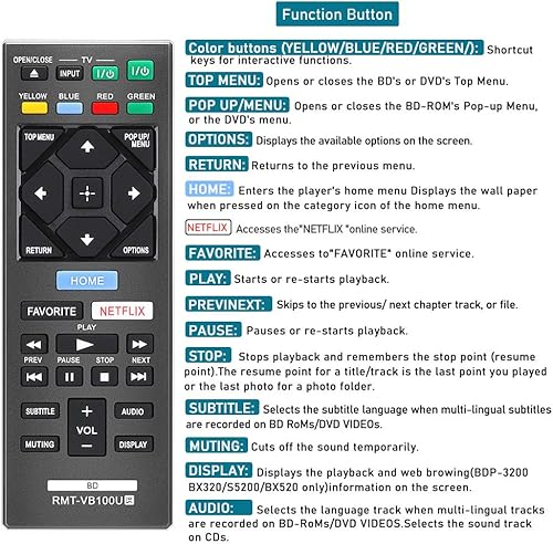 Miniatura 3 de Control remoto para Sony Blu-Ray Remote y Sony Blu Ray reproductor de DVD BD Disc 3D Streaming 4K Ultra HD UHD HDR Home Theater BDP Series Player