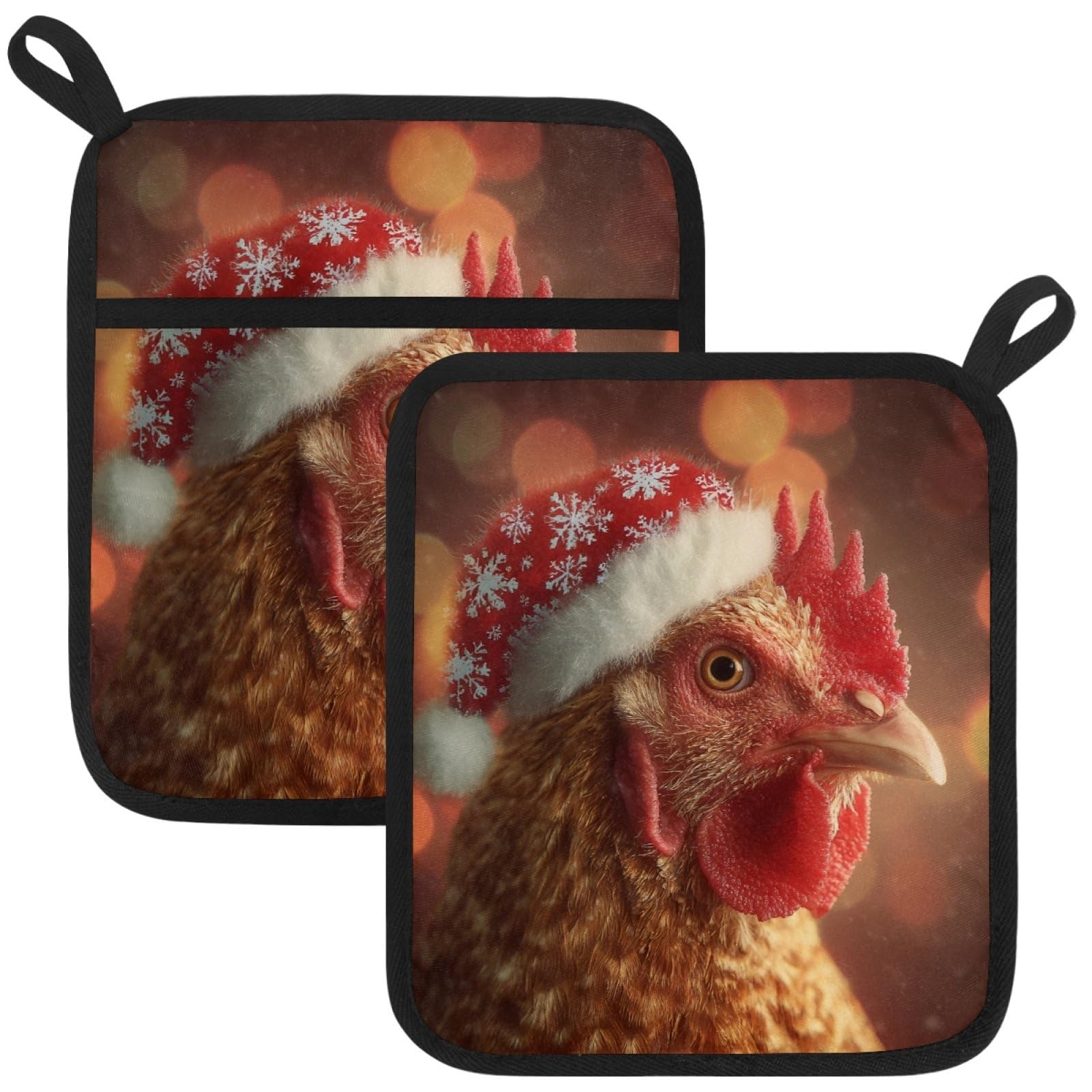 VAPOKF Christmas Rooster Heat Resistant Pot Holders, Thick Pot Holders Pad with Hanging Loop for Kitchen, Oven Cloth Pads for Kitchen Baking Microwave Oven