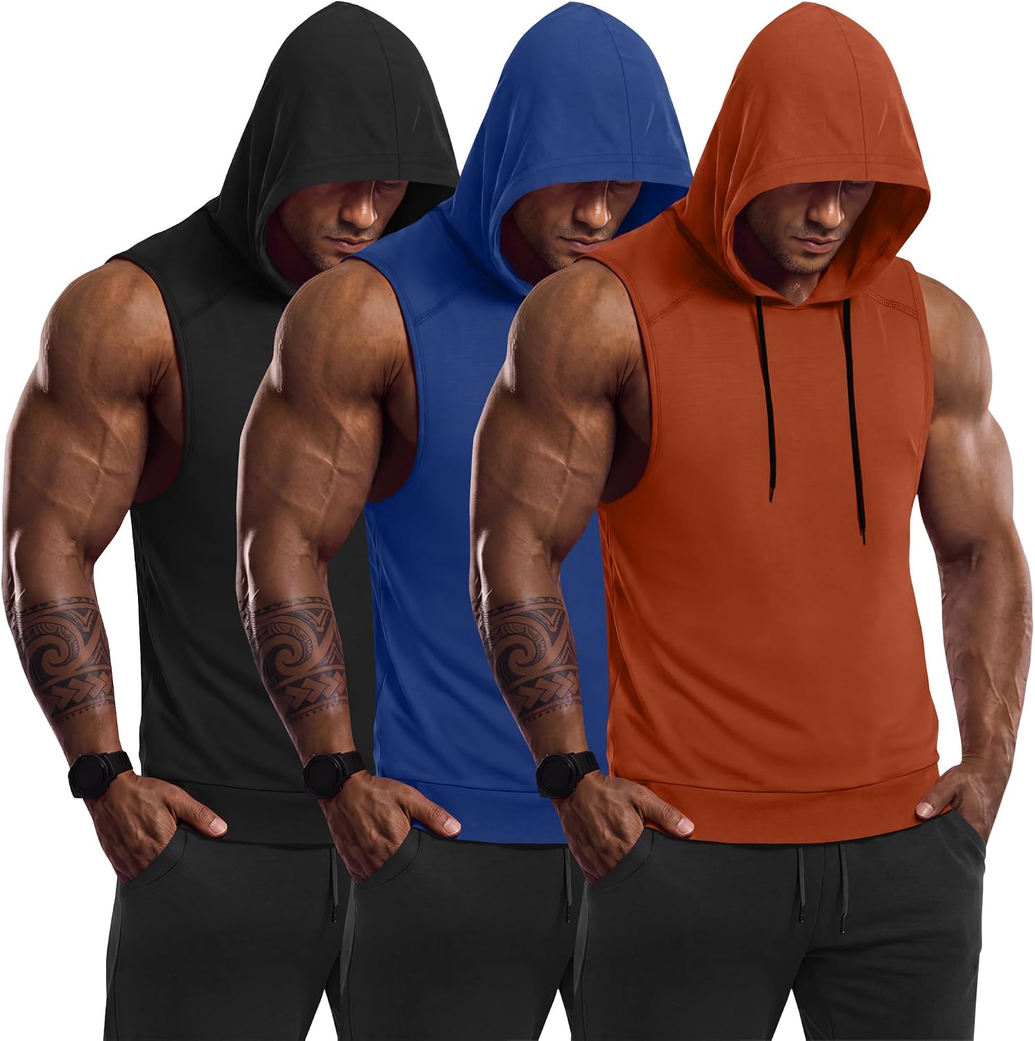 3 Pack Men's Big & Tall Workout Hooded Tank Tops Hoodie Sleeveless Shirts Bodybuilding Muscle Cut Off T Shirts