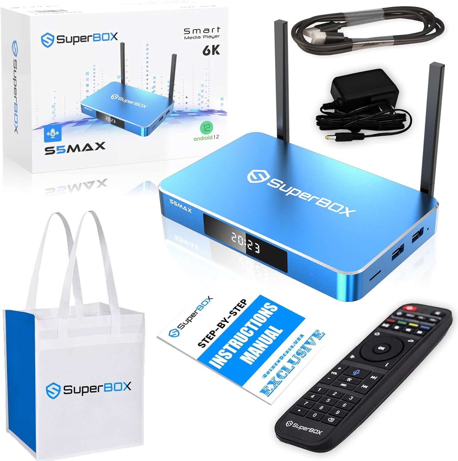 (Latest) 2024 S5 MAX Bundle 6K TV Box with Built-in Voice Control System – Includes Reusable Tote, Detailed Setup Guide by Seller, CA Support, and Voice Remote – Android 12, 4GB RAM, 64GB Storage