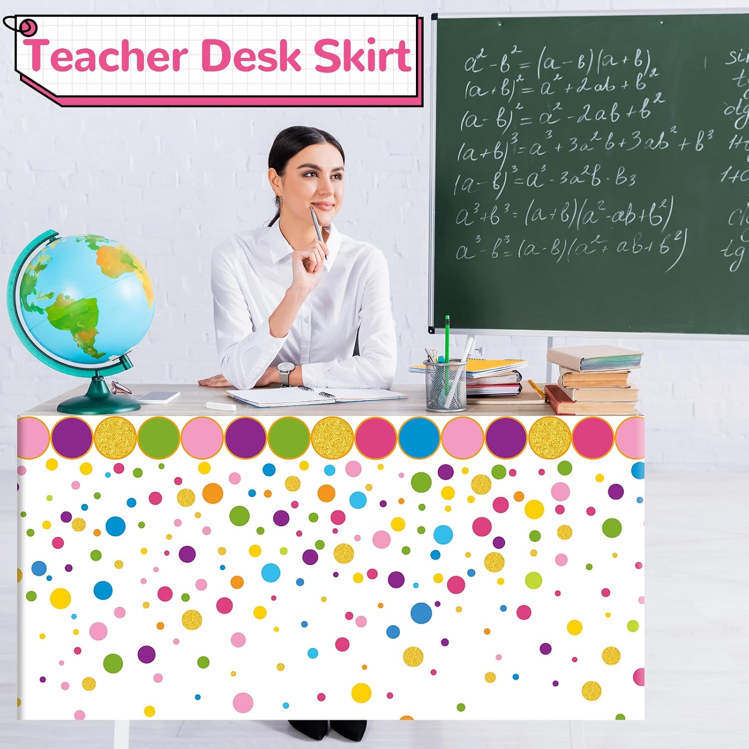 9FT Confetti Polka Dots Table Skirt Teacher Desk Skirt Classroom Table Cover for Back to School Decor Classroom Tables Cloths for First Day of School Supplies Office Bookcase Cabinet Decorations