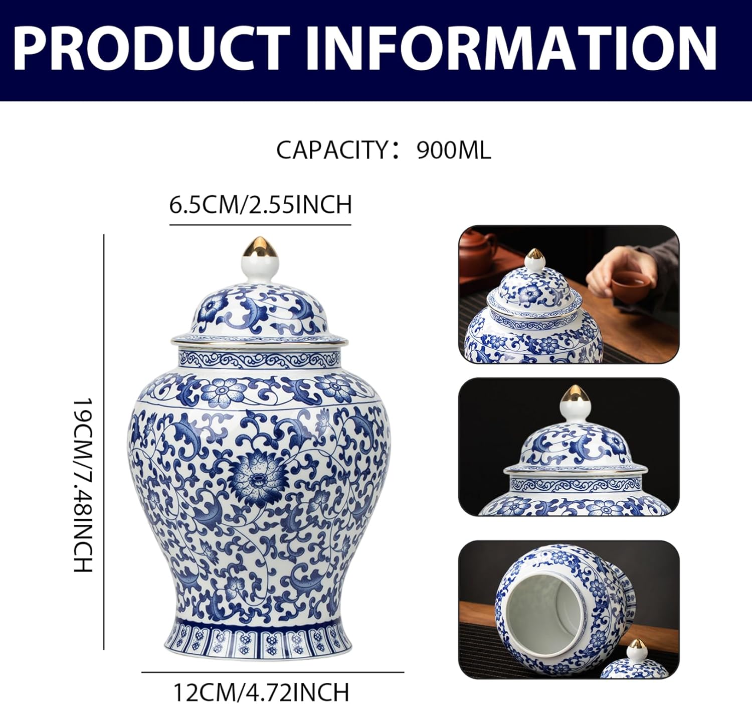 Ginger Jars for Home Decor, Ceramic Decorative Blue and White Ginger Jars with Lid, Porcelain Vases Decor for Table, Living Room, Bookshelf