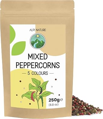 Alpi Nature Mixed Peppercorns with Allspice 250g 8.8 oz, 5 Colour Blend of Black, White, Green, Pink Peppercorns and Allspice Berries