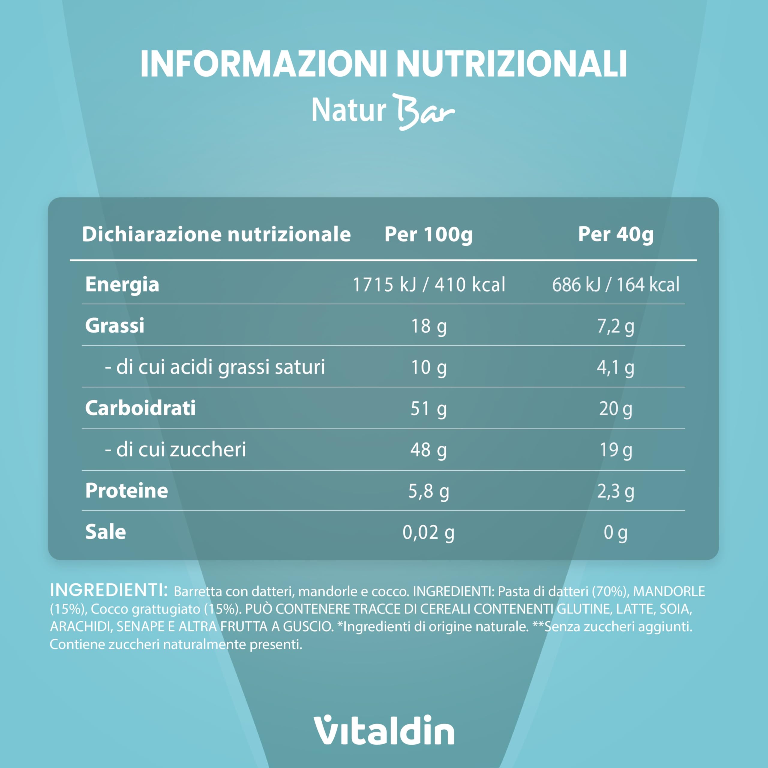 VITALDIN Barrette Energetiche Natur Bar Mandorla e Cocco – Senza Zuccheri Aggiunti e Vegane – Barrette Naturali con Datteri e Frutta Secca – Confezione da 12 x 40g