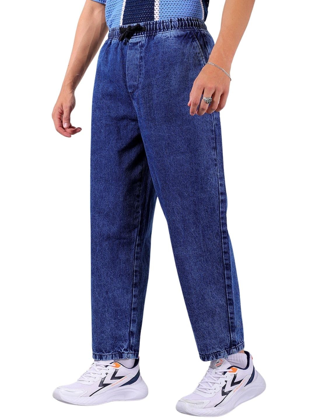 Men Bootcut Loose Fit Solid Mid-Rise Denim Joggers-image-42