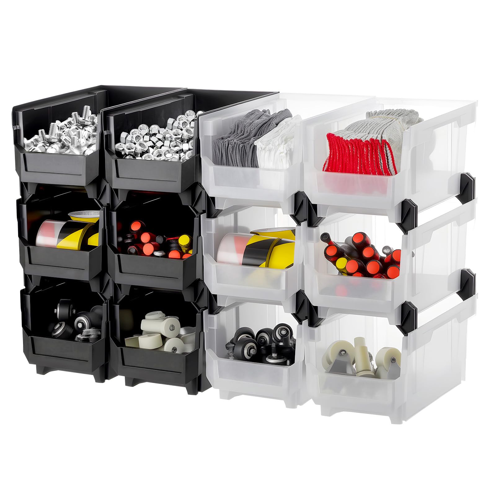 VEVOR Bac à Bec Empilable Lot de 12 Bacs de Rangement en Plastique, 37,7 x 21,5 x 18 cm, Boites de Rangement pour Atelier, Garage, Fournitures de Bureau et Autres Accessoires, Noir et Transparent