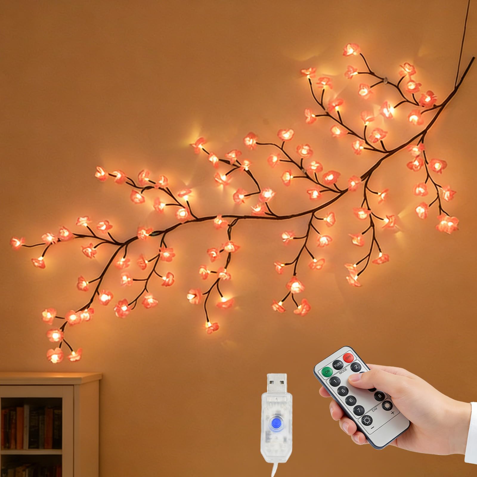 Richaa 63 Inches Cherry Blossom Twig Lights, 48 Led Flexible Wall Flower Fairy Lights, 8 Modes Cherry Blossom Tree String Light, Christmas Mother's Valentine's Day Gift Room Home Bedroom Indoor Decor
