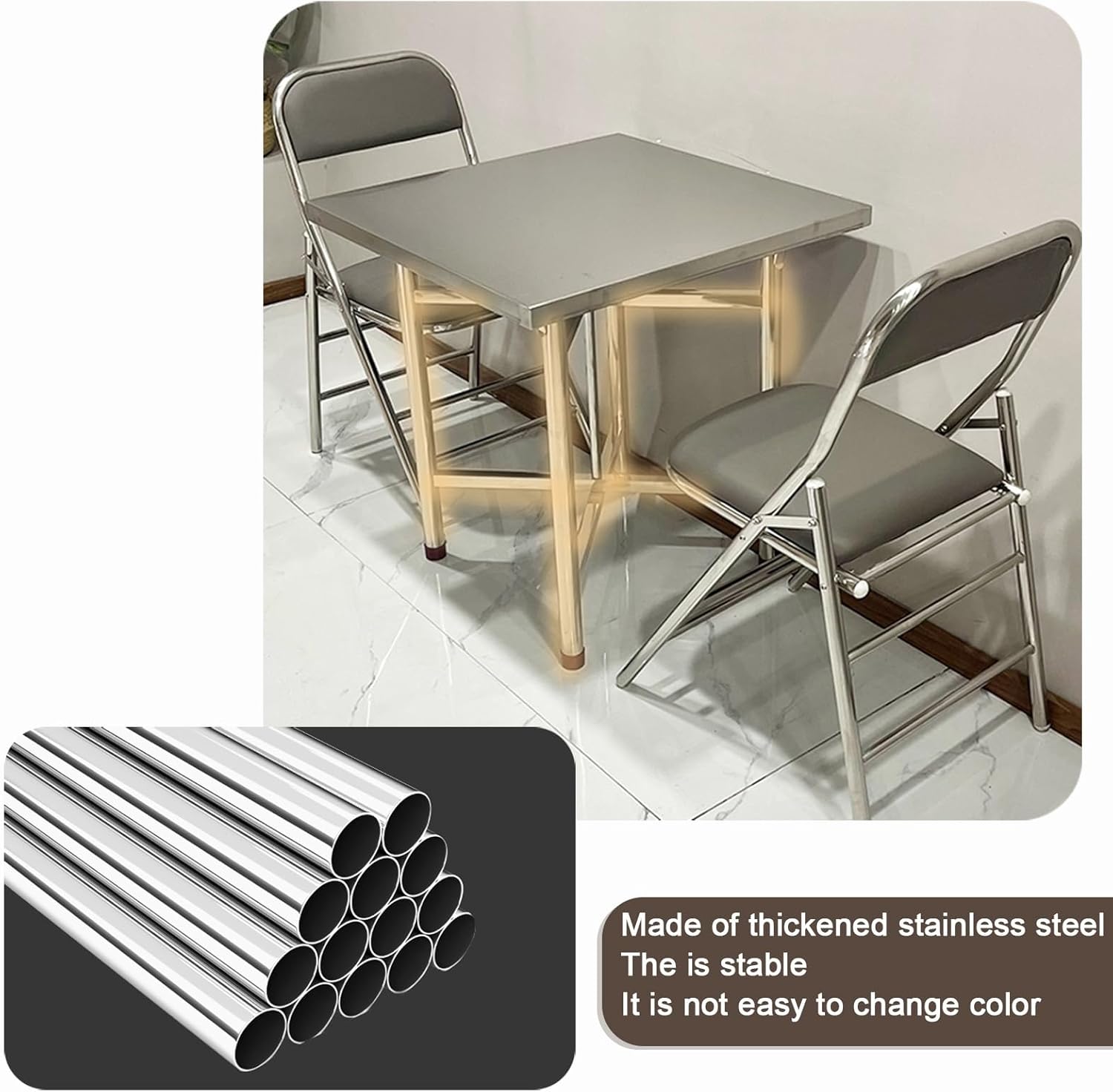 Commercial Square Workbench Kitchen Stainless Steel Work Table Foldable Design H75cm Non-Slip Rubber Feet with Buckle Fasteners Reinforced Legs Easy to Carry Welded Seamlessly