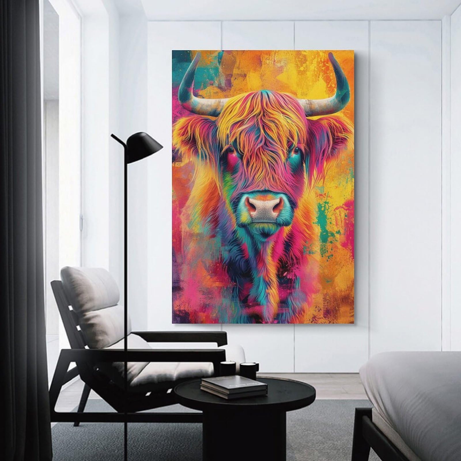 Junmoney Unframe-Style-9-1 Highland Cow Colorful Art Canvas Art Print 20X30inch(50X75cm), For Apartment Walls, Studios Or Work Areas, An Easy Choice For New Home Styling