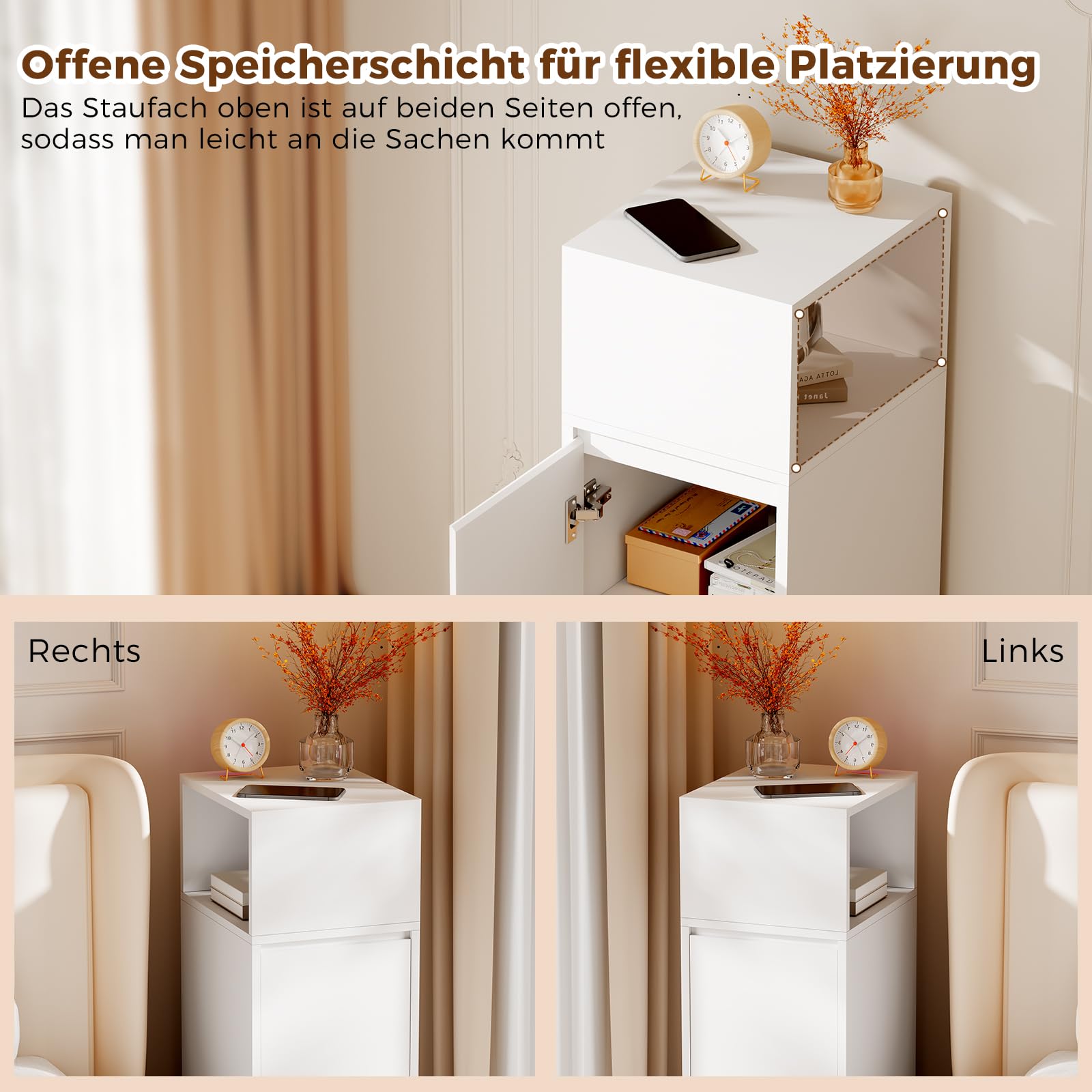 BEWISHOME Nachttisch 2er Set,Schmal,Beistelltisch mit 1 Tür | mit offenem Fach und höhenverstellbarer Trennwand,Schlafzimmer,Wohnzimmer,Weiß,65 x 25 x 30cm,EFCG13W