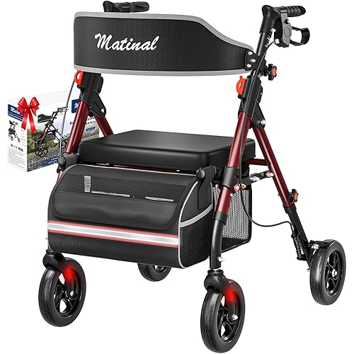 Walkers for Seniors, Rollator Walker with Seat, Walkers for Seniors with seat, 350 lb Capacity,with 8'' Big Wheels, Rolling Walker (Burgundy)