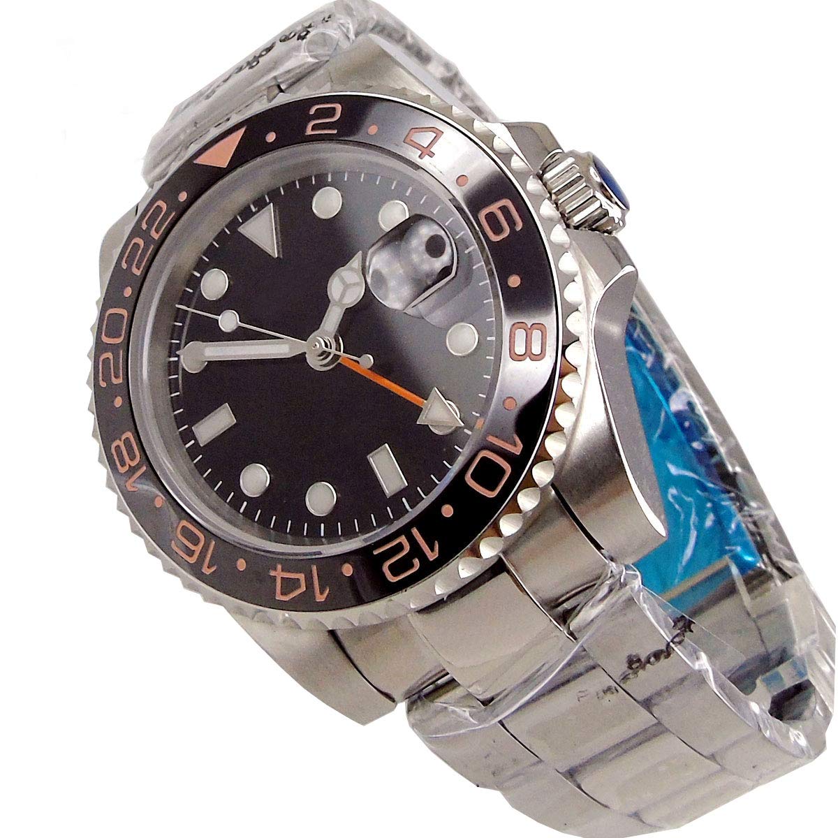 BligerSolid BLIGER 40mm Black Dial Luminous Marks Ceramic Rotating Bezel Sapphire Glass 30M Water Resistance GMT Dual Time Zone Automatic Movement Men's Watch (No Logo Dial)