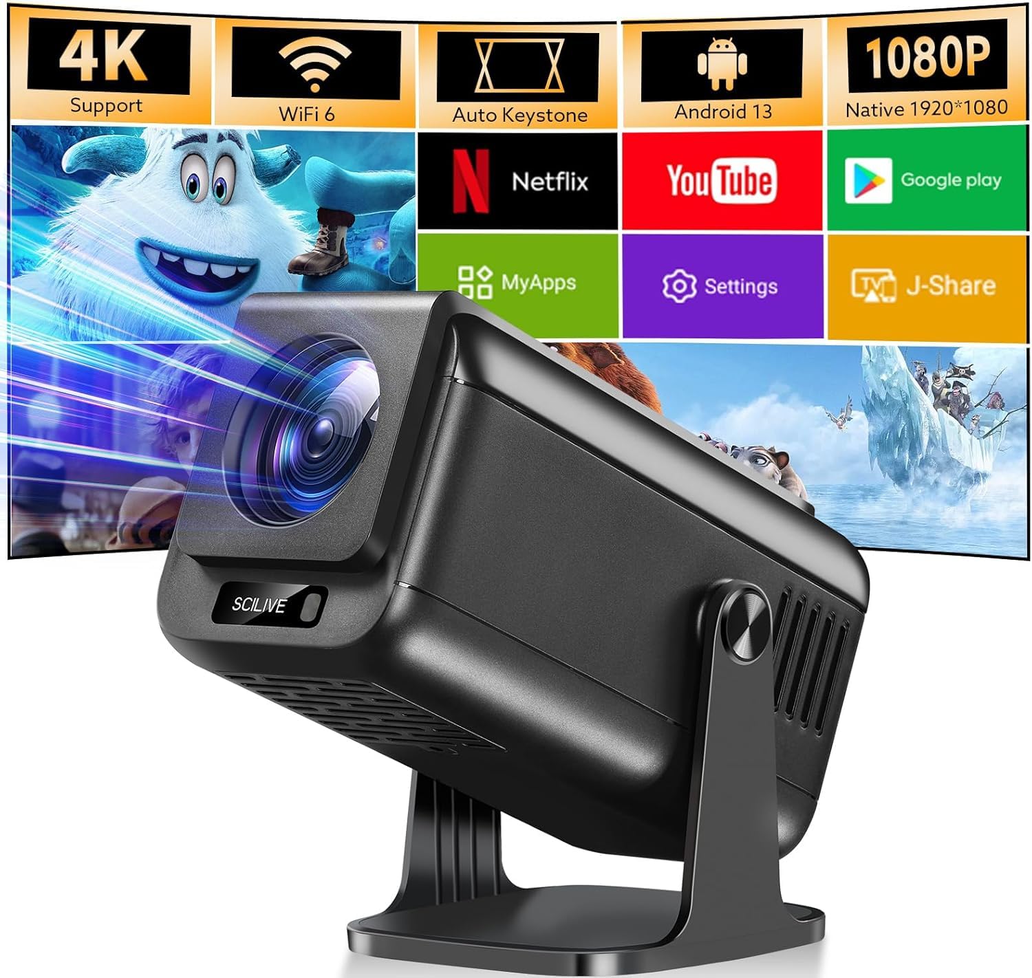 Mini Projector with Wifi and Bluetooth, 4K 1080P Support Portable Projector 180° Rotatable 120'' Screen Movie Projector Auto Keystone Compatible with