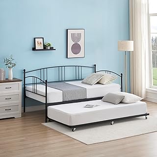 Twin Metal Daybed with Trundle, Pullout Trundle Bed Frame with Arched Headboard, Guest Sofa Bed with Steel Slat Support, No Box Spring Required, Easy Assembly, Black