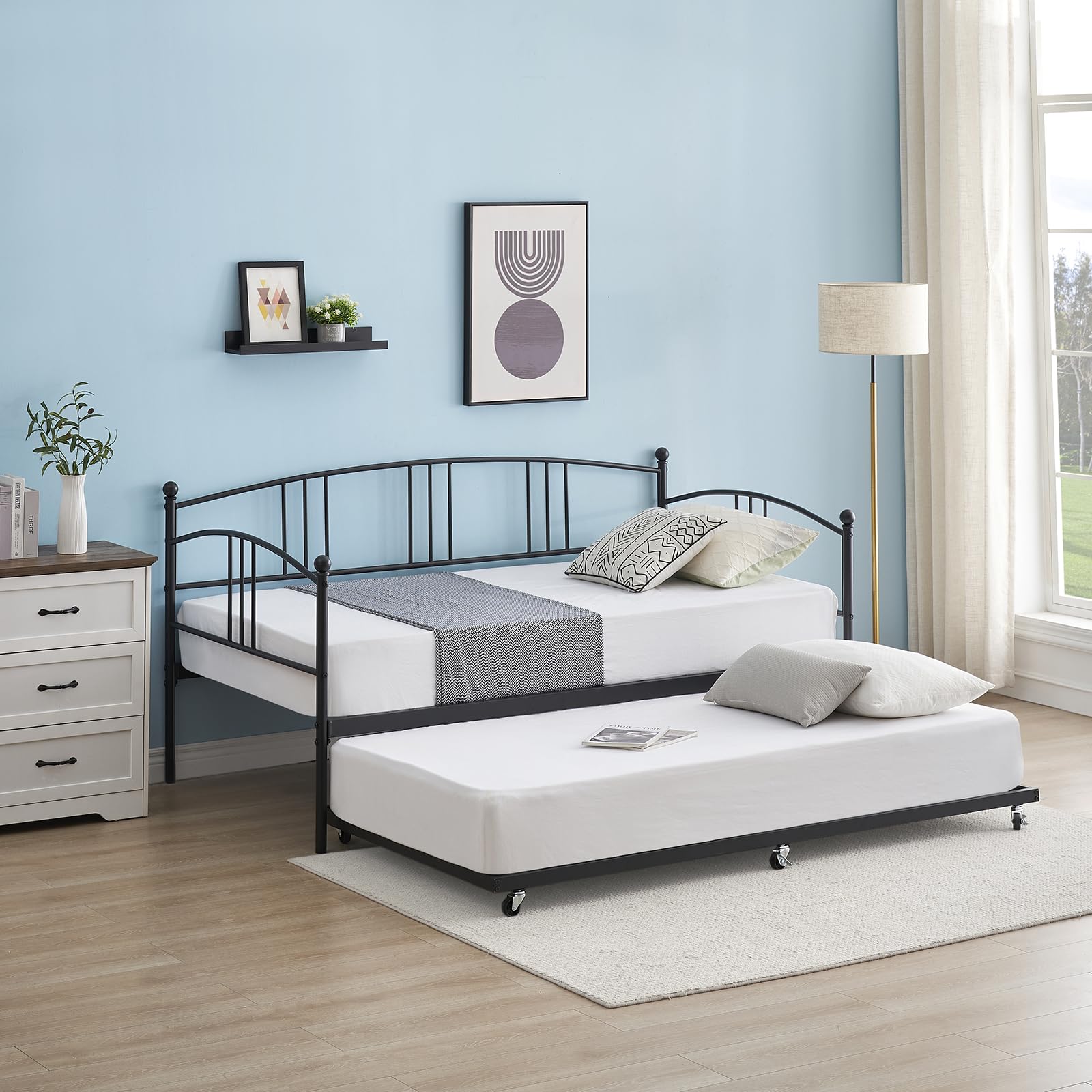 Twin Metal Daybed with Trundle, Pullout Trundle Bed Frame with Arched Headboard, Guest Sofa Bed with Steel Slat Support, No Box Spring Required, Easy Assembly, Black