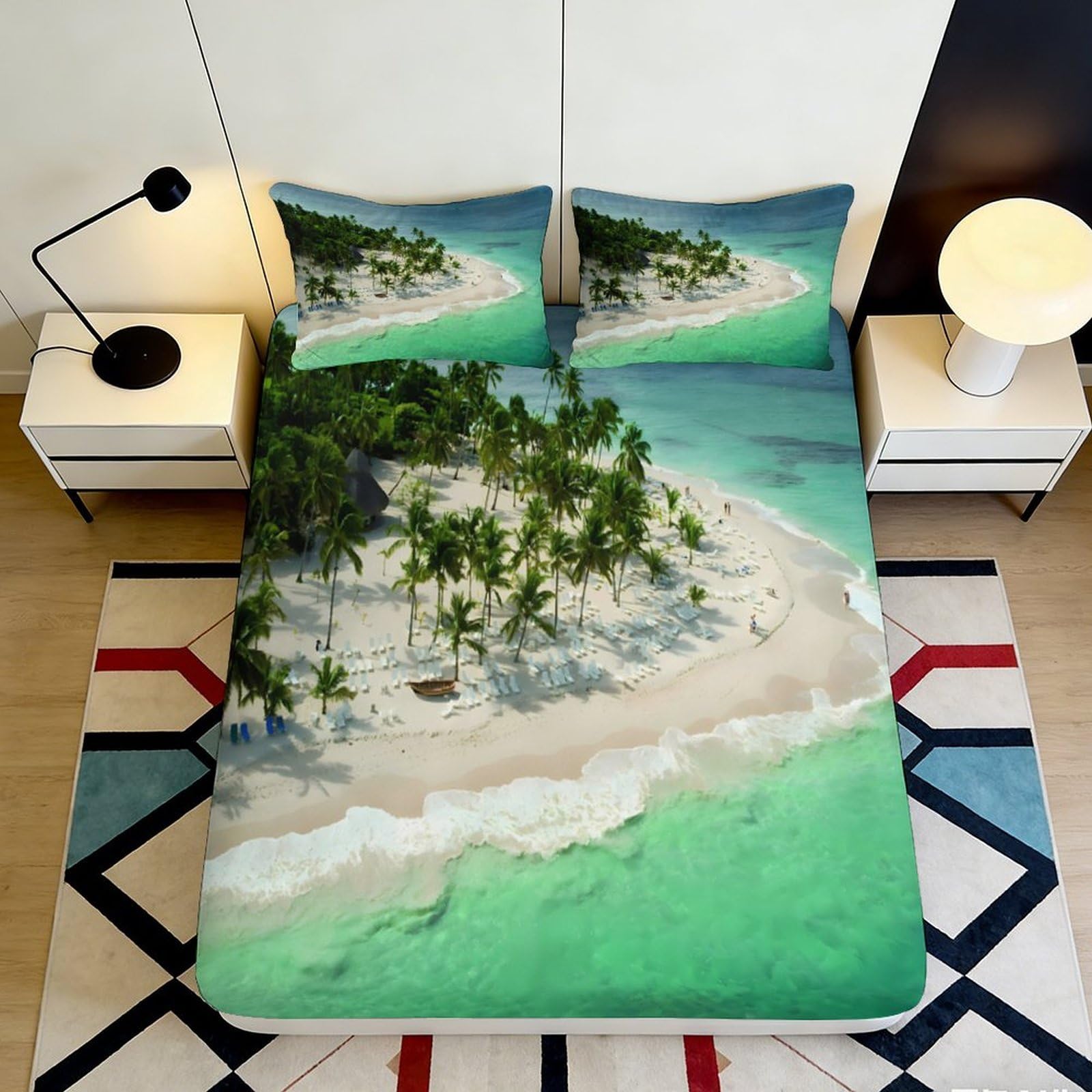 Jqzkxnhpbr Style-8 3D Printed Tropical Island Beach Fitted Sheet Microfiber Soft Mattress Cover Green Ocean Bedroom Decor 90X200x25cm