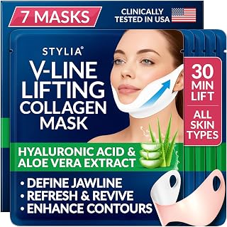 Stylia V Line Lifting Collagen Face Mask - Lift, Firm & Contour Jawline - Double Chin Strap with Hyaluronic Acid & Aloe Vera - Hydrating Neck & Face Tightening Mask - Chin Strap for Sleeping (7PC)