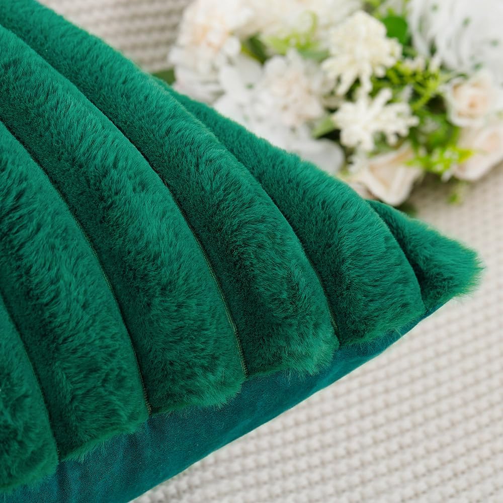 MADIZZ Set of 2 Faux Wool Plush Decorative Throw Pillow Covers 22x22 Inch Green Fluffy Striped Soft Decorative Cushion Cover for Sofa Bedroom Pillow Shell