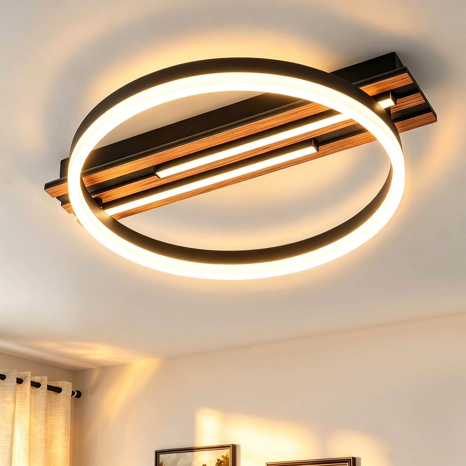 FORCOSO LED Ceiling Light for Bedroom, 48x40cm Floating Ring with Wood Grain Finish, 16W 4000K Neutral White, Energy Class B, Ideal for Hallway, Corridor, Staircase
