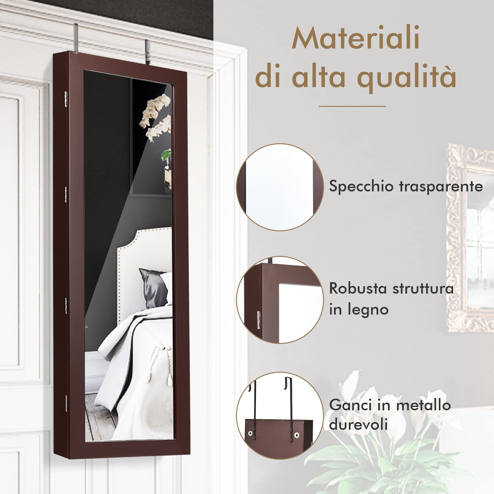GYMAX Armadietto Portagioie con Specchio, Specchiera Portagioielli Sospesa, con 2 Luci a LED, Ampio Spazio di Archiviazione, di Legno, 123,5x37x9,5 cm (Marrone)